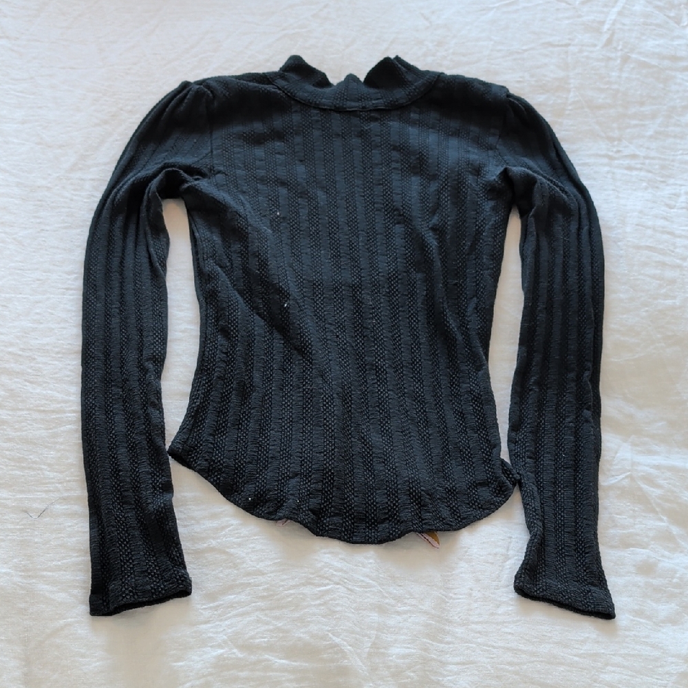 Free People Black Textured Long Sleeve Top